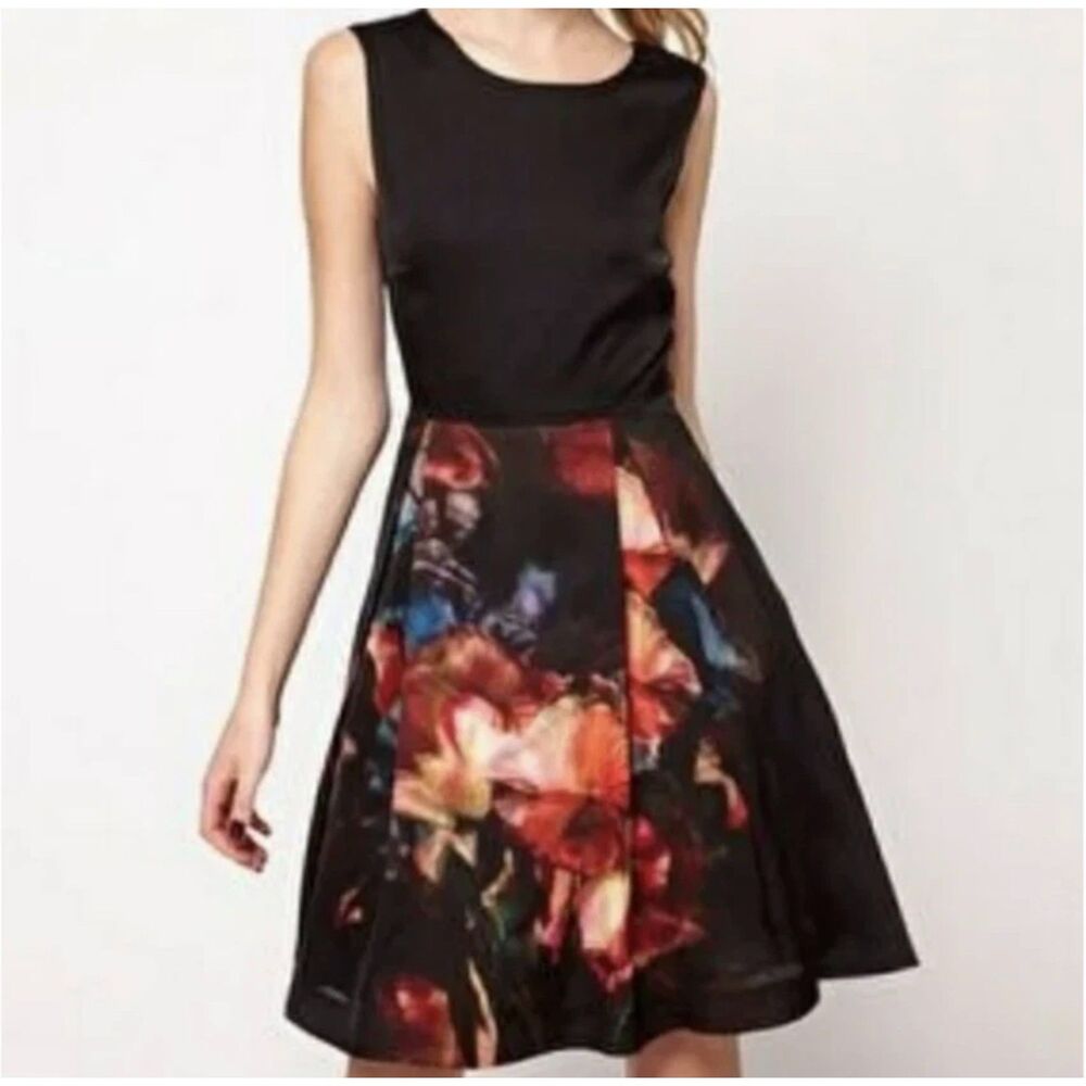 Ted Baker | Black & Floral Print V Back Sleeveless Skater Dress Size Ted 2 US 6